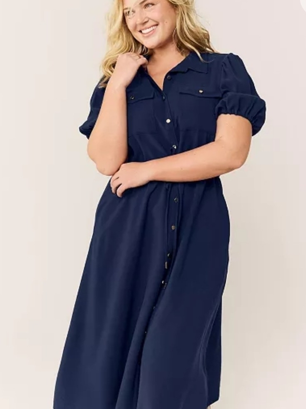Lands' End Navy Button-Front Puff Sleeve Midi Dress